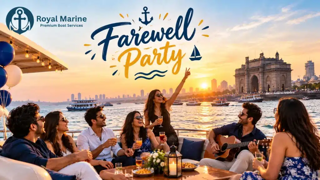 Farewell party on a boat in Mumbai with guests celebrating against the sea and city skyline.